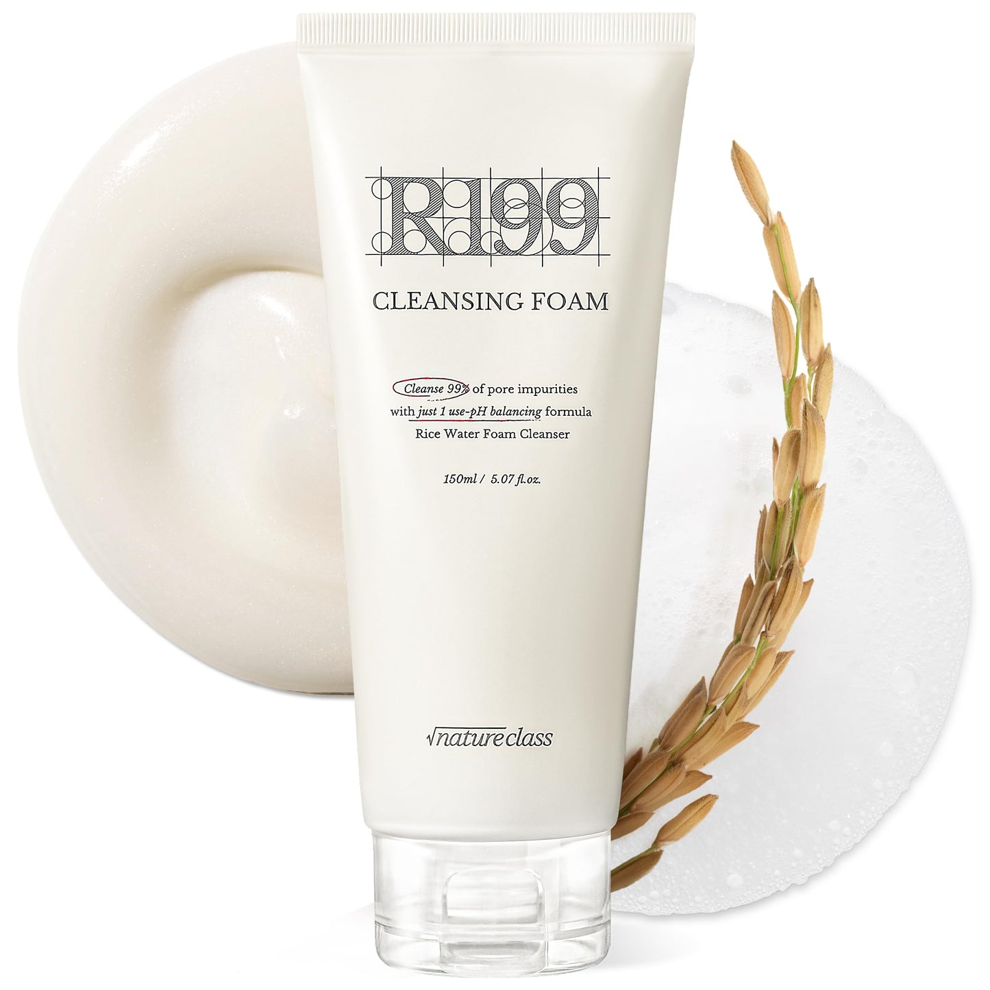 NATURECLASS R199 Rice Enzyme Cleansing Foam – Deep Cleanser for Sensitive Skin, Blackhead & Pore Care, Double Cleansing, Aloe & Hyaluronic Acid, Korean Skin Care, Fragrance Free, 5.07 fl oz