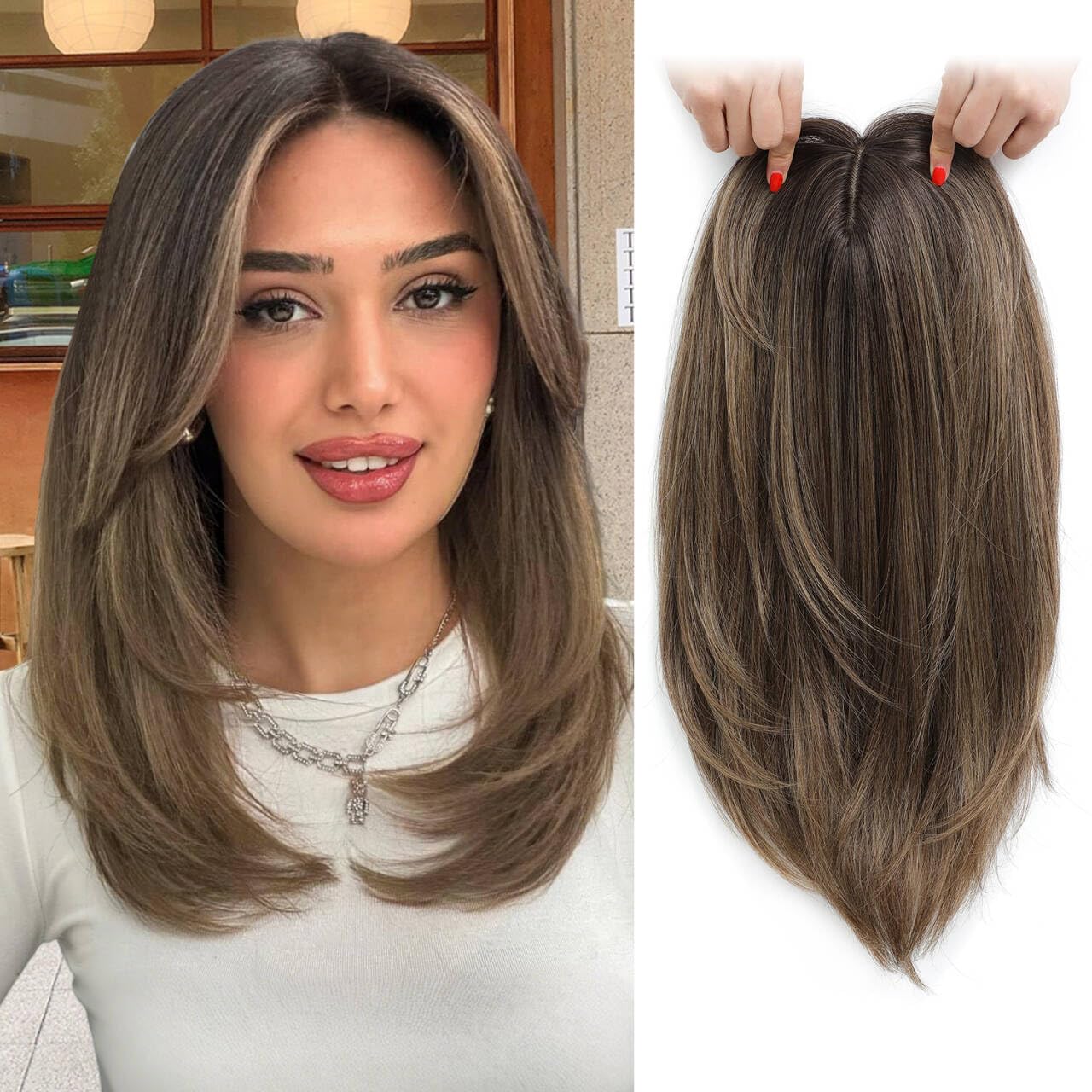 Molefi Hair Toppers for Women with Thinning Hair,16 Inch Full-End Topper,Synthetic Wiglets Pieces For Women 6.5"x6.5"Large Base for Daily Use(Dark Ash Brown with Honey Blonde Highlights)