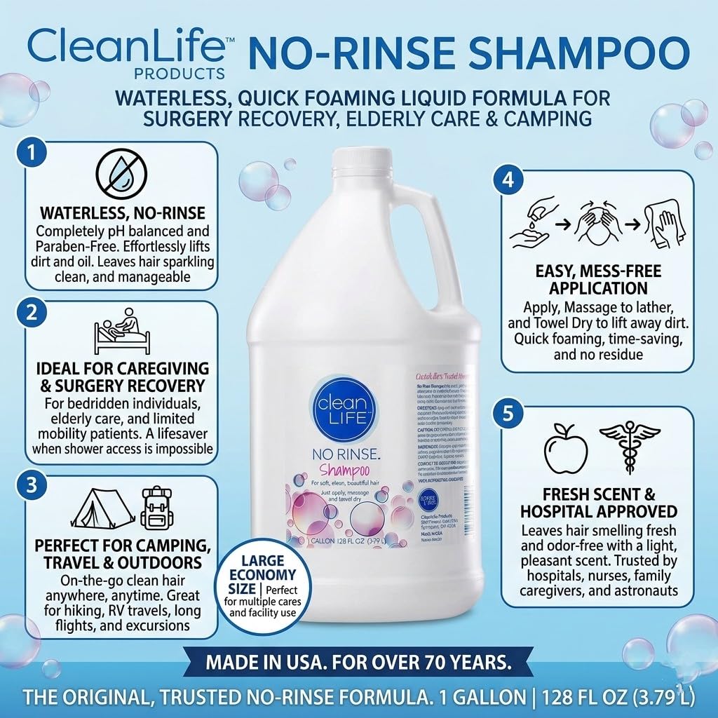 No-Rinse CleanLife Products Shampoo, 128 fl oz - Waterless, Quick Foaming Liquid Formula for Surgery Recovery, Elderly Care & Camping - Leaves Hair Fresh, Clean & Odor-Free - Made in USA