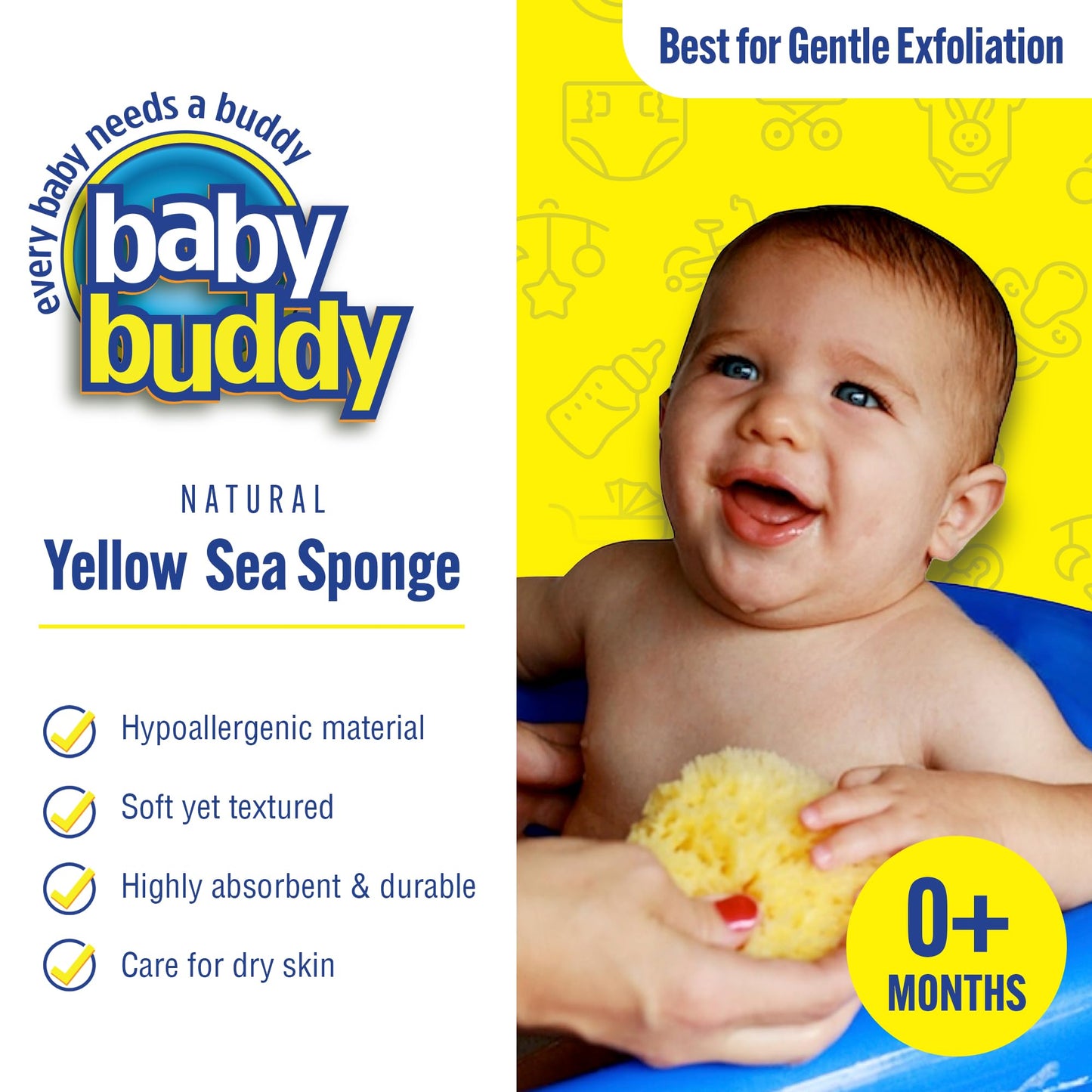 Baby Buddy Baby Bath 4in Yellow Sea Sponge, Absorbent Natural Sea Sponge, Soft on Tender Skin, Biodegradable, Hypoallergenic, Bath Accessories for Bathing, 3 Pack