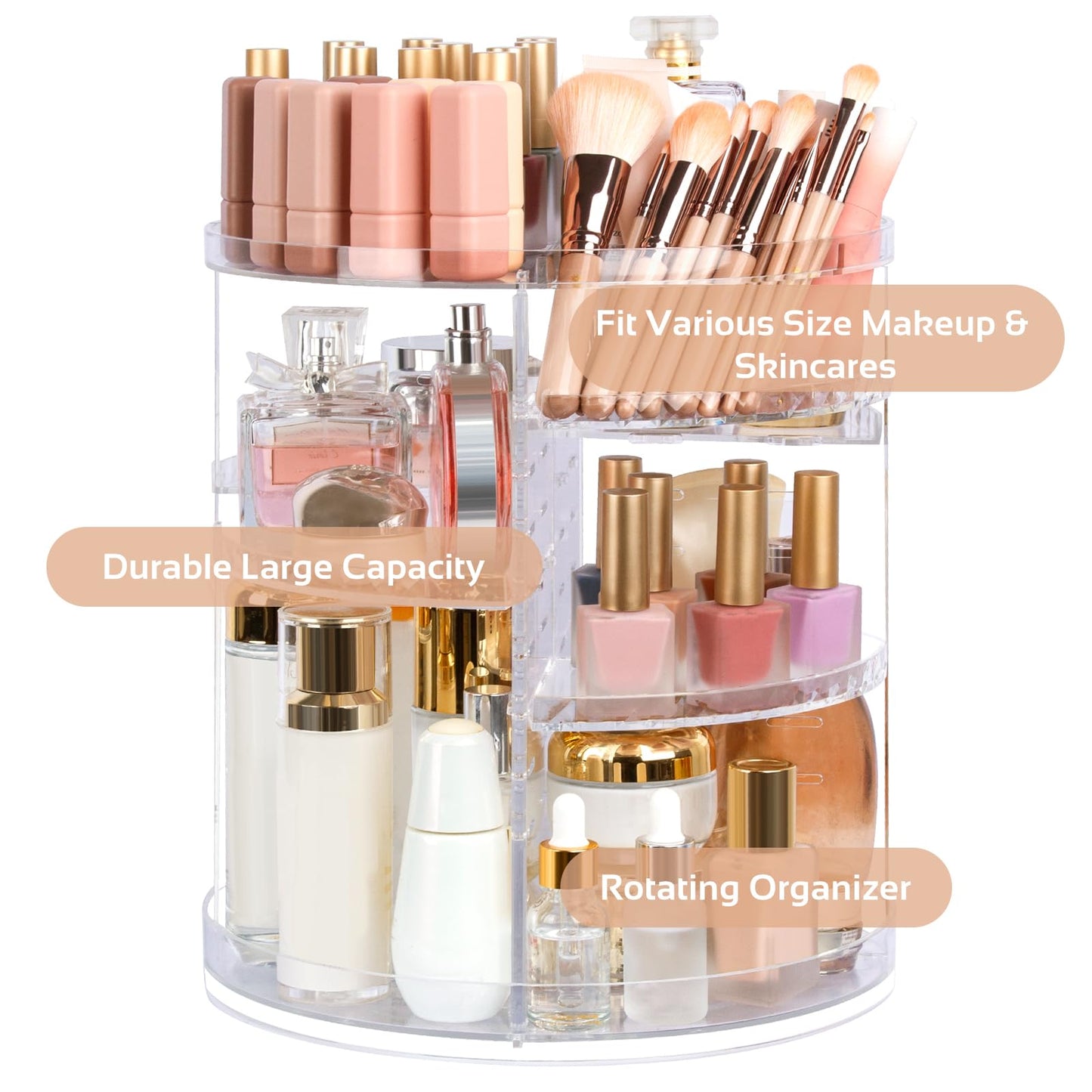 Boxalls Makeup Organizer Rotating Large Capacity, 360 Makeup Carousel with Brush Compartment, Clear Skincare Cosmetic Spinning Organizer with 7 Layers for Countertop Vanity Bathroom Bedroom