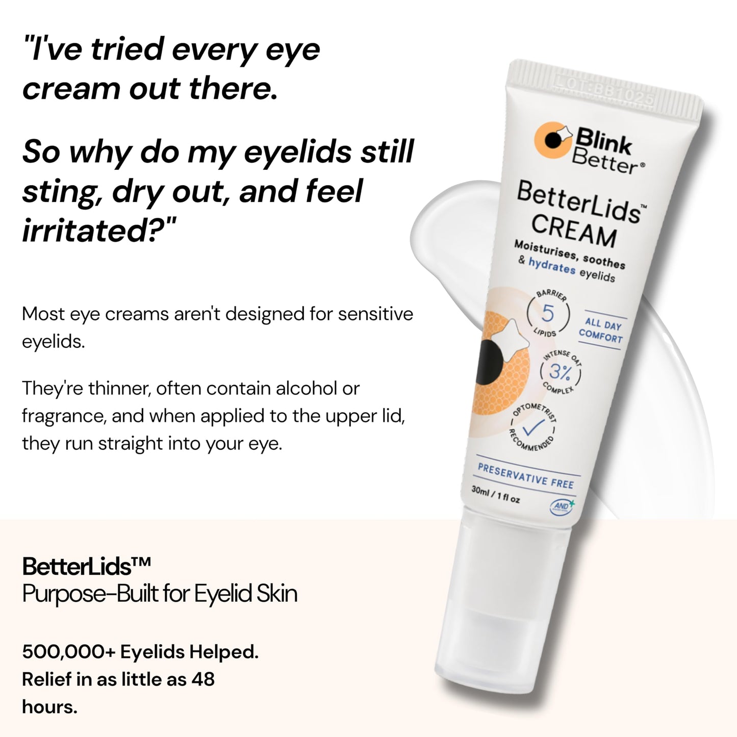 BlinkBetter BetterLids Restore Eyelid Cream – Barrier Support to Hydrate, Soothe & Moisturise Dry, Itchy, Red & Sensitive Eyelids – Lightweight Daily Formula with 3% Oat & Ceramides, 1 fl oz