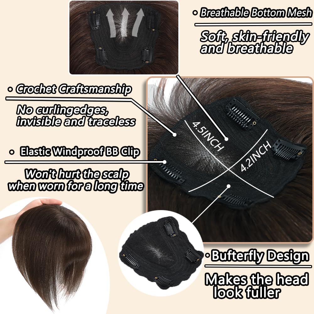 HVVZOY Hair Toppers for Women Real Human Hair, 360° 3D Real Human Hair Toppers for Women with Thinning Hair Clip in Bangs Big Coverage 12 Inch Hairpieces (Gray02, 3D Wispy Bangs 10x11)