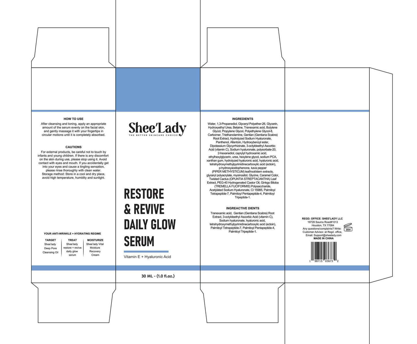 Shee'lady Restore & Revive Daily Glow Serum Daily Anti-Aging Wrinkle and Skin Tone Skin Care Treatment, Brightening Serum, Stocking Stuffers for Men & Women, 30 ML, 1 oz