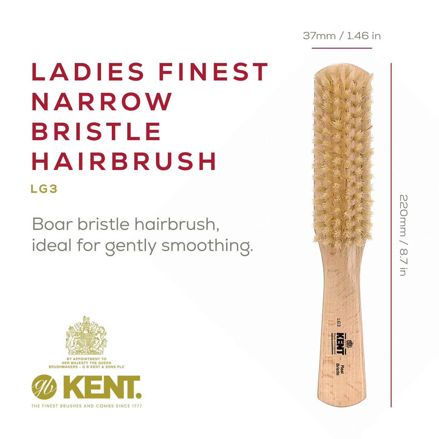 Kent LG3 Finest Hair Brushes for Women - Natural Beechwood and Boar Bristle Narrow Hairbrush for Fine or Medium Thickness Hair All Lengths - Dry Brush for Styling, Straightening, and Stimulating Oils…