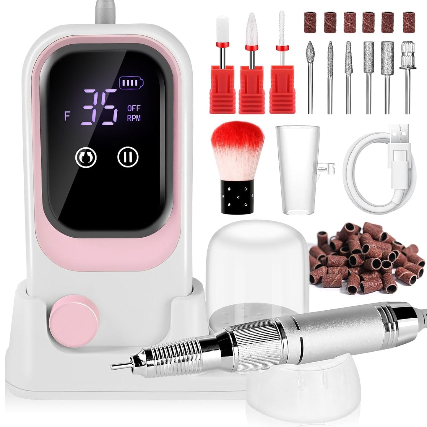 Electric Nail Drill - Professional 35000RPM Pink Nail File with Rechargeable Base & Bits | Essential for Acrylic Nails & Salon Use