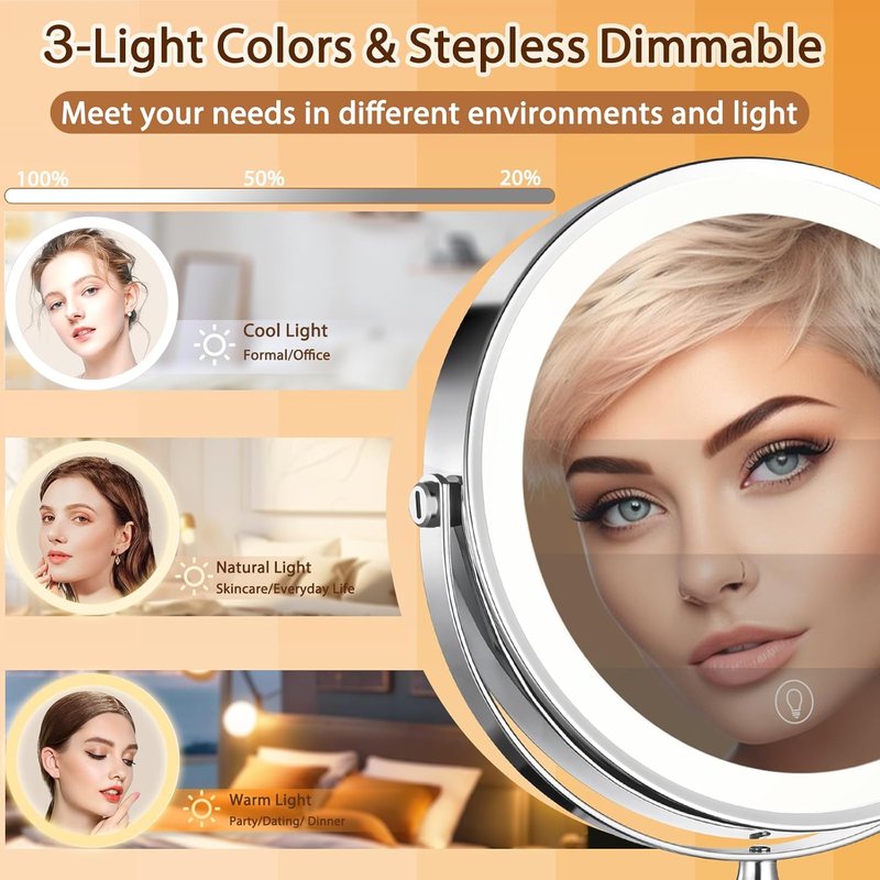 LED Makeup Mirror - 10x Magnification, Rechargeable Touch, 3 Color Modes | Compact Vanity Mirror Gift for Women