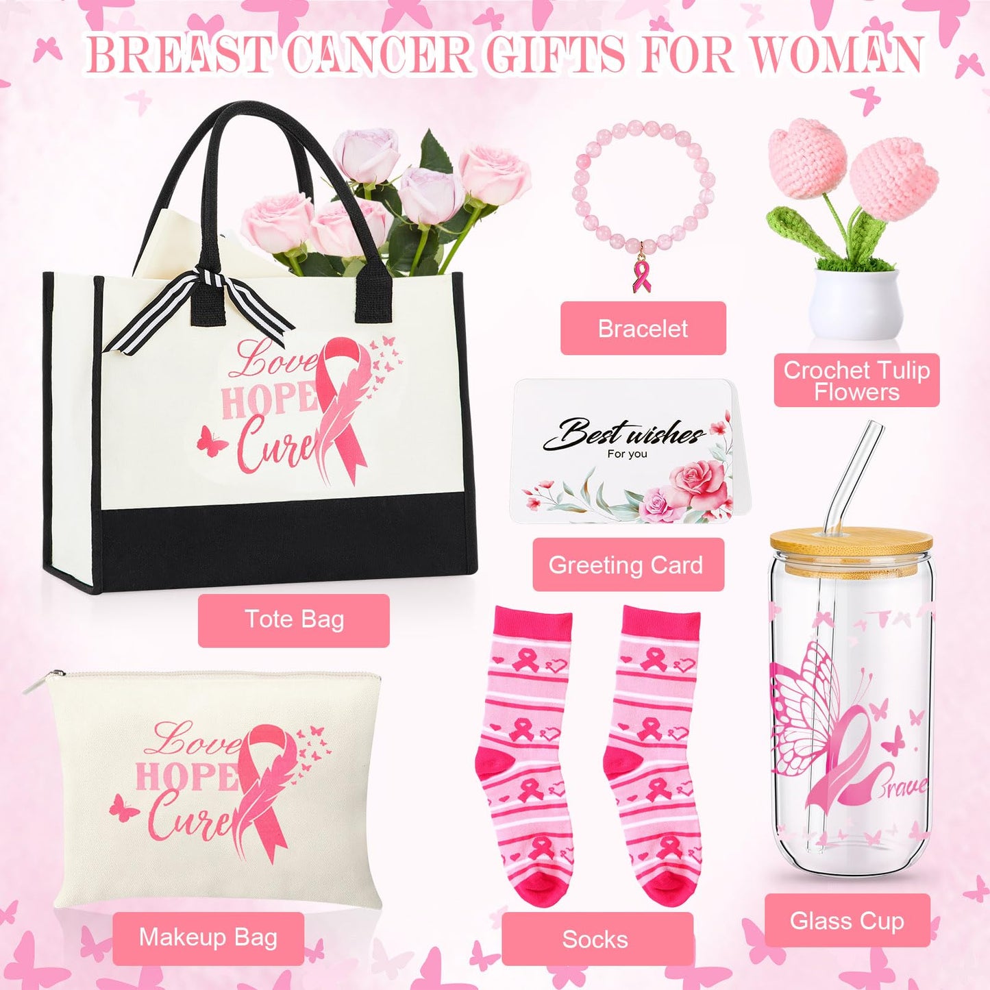 Capoda 7 Pcs Breast Cancer Gifts for Women Include Tote Bag Makeup Bag Glass Cup Card Sock Bracelet Crochet Flowers Breast Cancer Awareness Accessories Gifts Set Care Package for Survivor Patients
