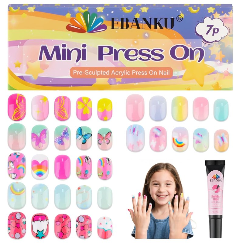 Press On Nails for Girls - 168-Piece Rainbow Butterfly Set | Short Full Cover Fake Nails with Glue for Kids Ages 6-12