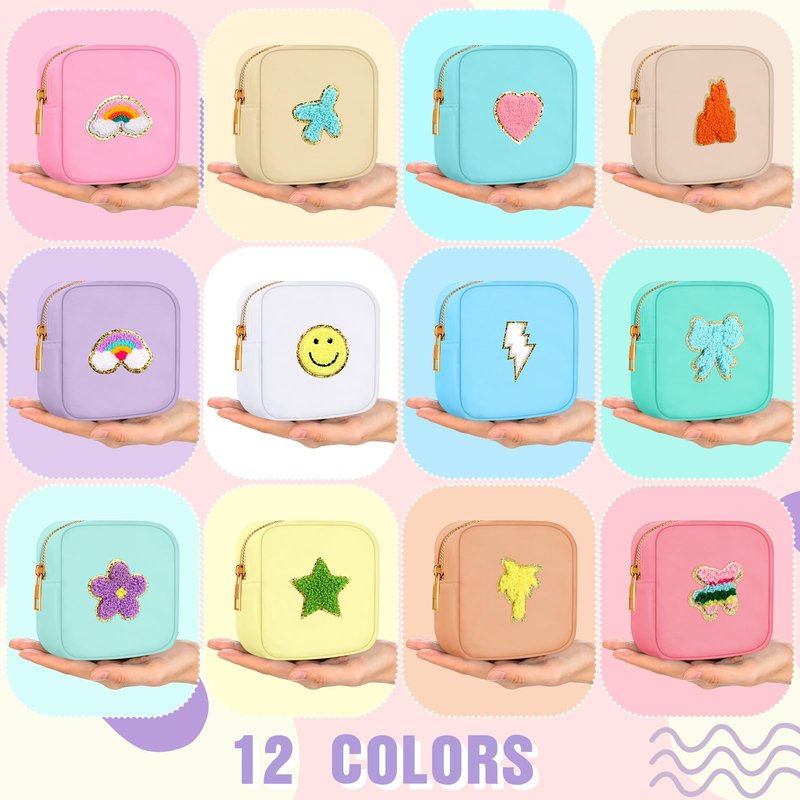 Sumind 12 Pcs Preppy Patch Makeup Bag Bulk Cute Mini Pouch Bag Gift Nylon Travel Cosmetic Toiletry Portable Organizer Storage Purse Small Zipper Pouch Daily Use Storage Purse for Women