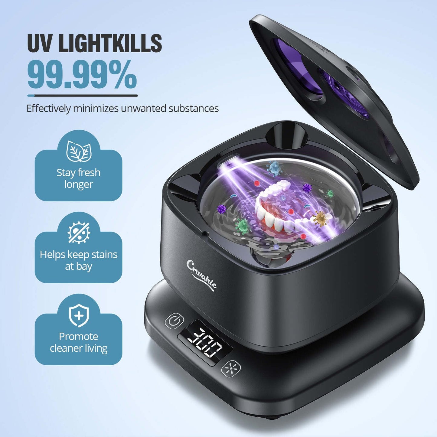 Ultrasonic Retainer Cleaner, Detachable 45kHz Retainer Cleaner Machine 3 Modes Dental Cleaning Pod with Visible Window Digital Timer for Mouth Guard, Dentures, Aligner, Braces, Jewelry - Black