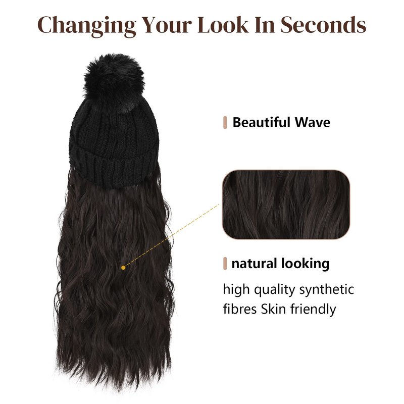 Flufymooz Beanie Wig, Hat Hair Extension Long Wavy Curly Black Hat Wig with Faux Fur Pom Hat, wig hat Attached 20 Inch Synthetic Hairpiece for Women Girls Winter (Black Brown)