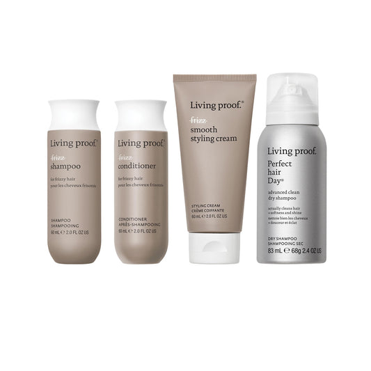 Living Proof Frizzy Hair Starter Kit - Travel Size No Frizz Shampoo, Conditioner, Smooth Styling Cream and Advanced Clean Dry Shampoo ($70 value)