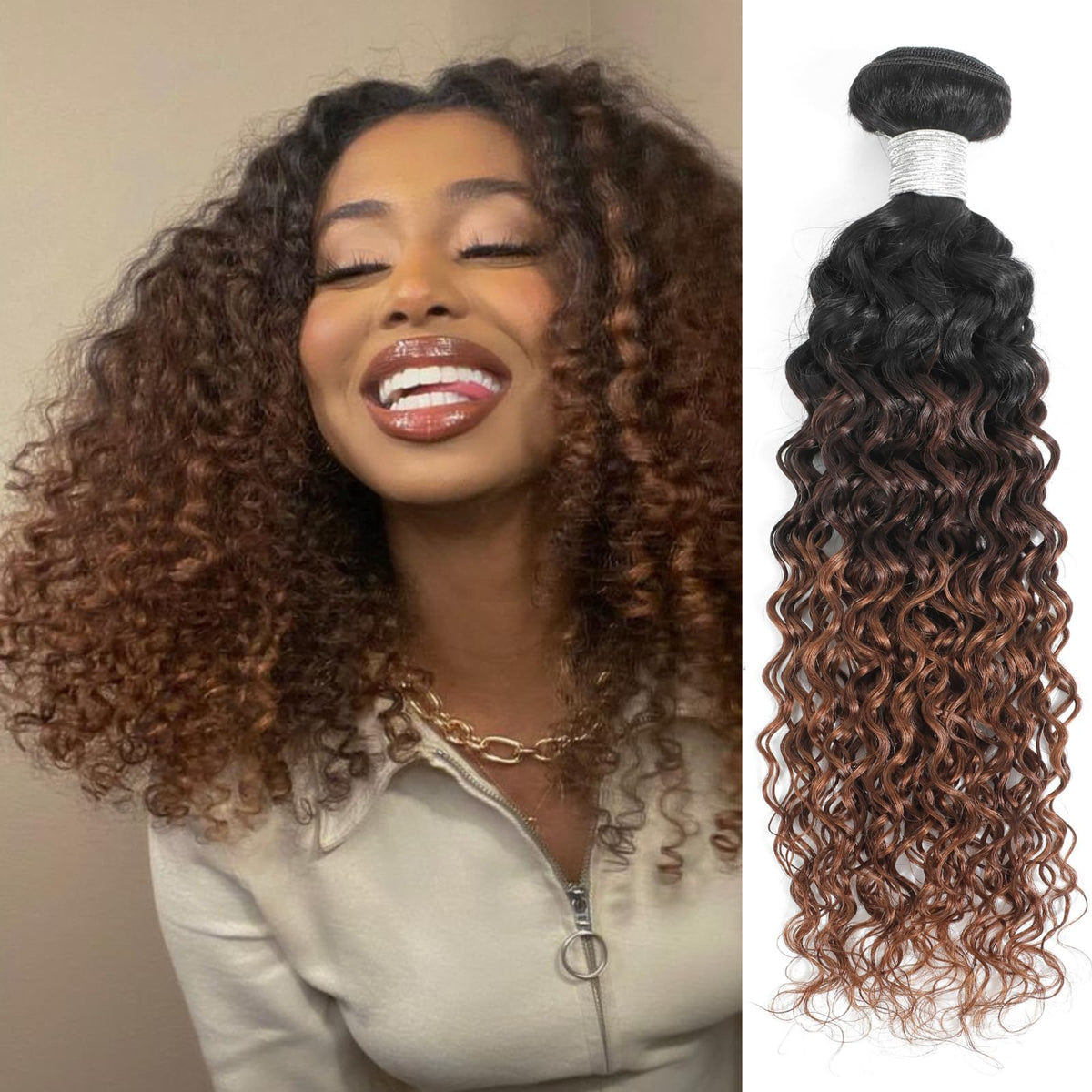Anmetan 12A Ombre Human Hair Bundles Water Wave, Chestnut Ombre Brown 100% Remy Human Hair Curly Single Bundle Wet and Wavy Thick 3 Tone Colored #T1B/2/30 Dark Roots Keep Soft After Washes 12 Inch