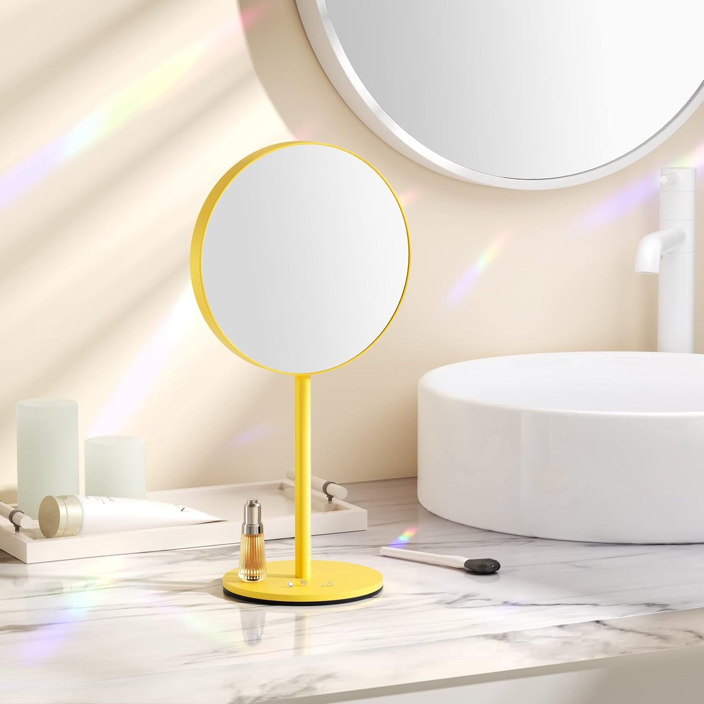 Dual-Sided Magnifying Makeup Mirror - 5X & 1X Magnification | 6.5 Inch Standing Vanity Mirror in Yellow