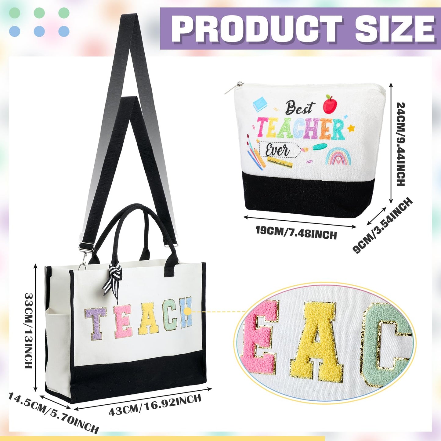 Abbylike 2 Pcs Teacher Appreciation Gifts for Women Canvas Chenille Letter Tote Bag with Makeup Bag Reusable Thank You Teacher Tote Gift for End of Year Graduation Birthday Teacher's Day Party Favor