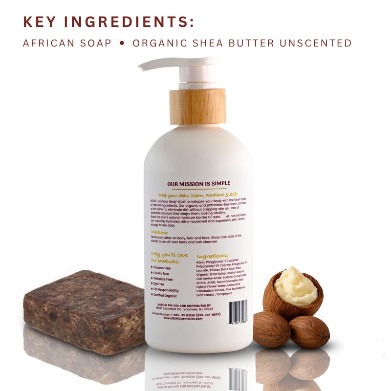 MZURI Body Wash, African Black Soap, Organic Coconut Oil, & Wild Coronado Cherry, Moisturizing, Hydrating, & Gentle Formula for Dry, Sensitive Skin, Shea Butter Luxury Body Wash - 16 Fl. Oz