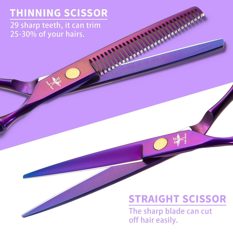 PURPLEBIRD Hair Cutting Scissors Kit, Professional Barber Scissors Hairdressing Shears Set with Stainless Steel Hair Scissor Thinning Scissor for Men Women Pet 10 Pcs Purple