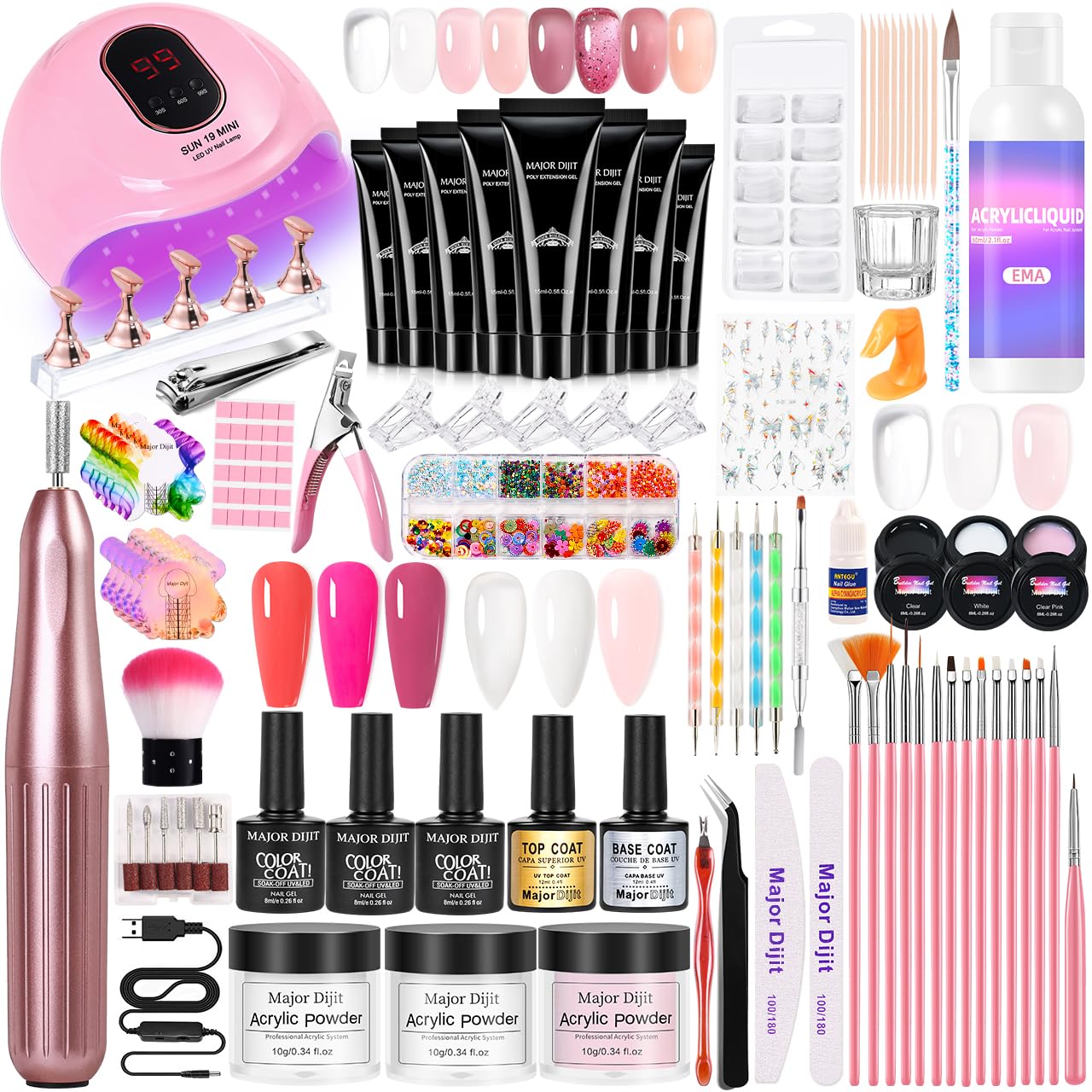 Acrylic Nail Kit with Everything for Beginners included Drill Light Gel Nail Polish Extension Gel Nail Art Decoration Tools for Salon Starter Home Salon