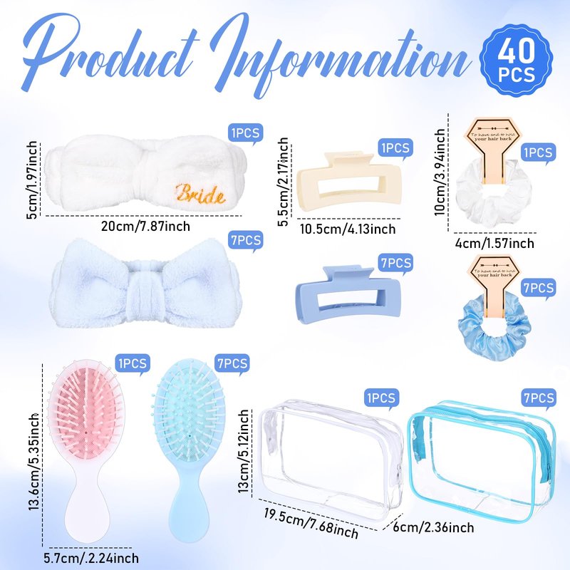 Wavyknot 40 Pcs Bachelorette Favor Set Include Headband Scrunchies Hair Claw Clips Hairbrush and Makeup Bag for Bridal Shower Party Gifts Bridesmaid Wedding Supplies (White and Blue)