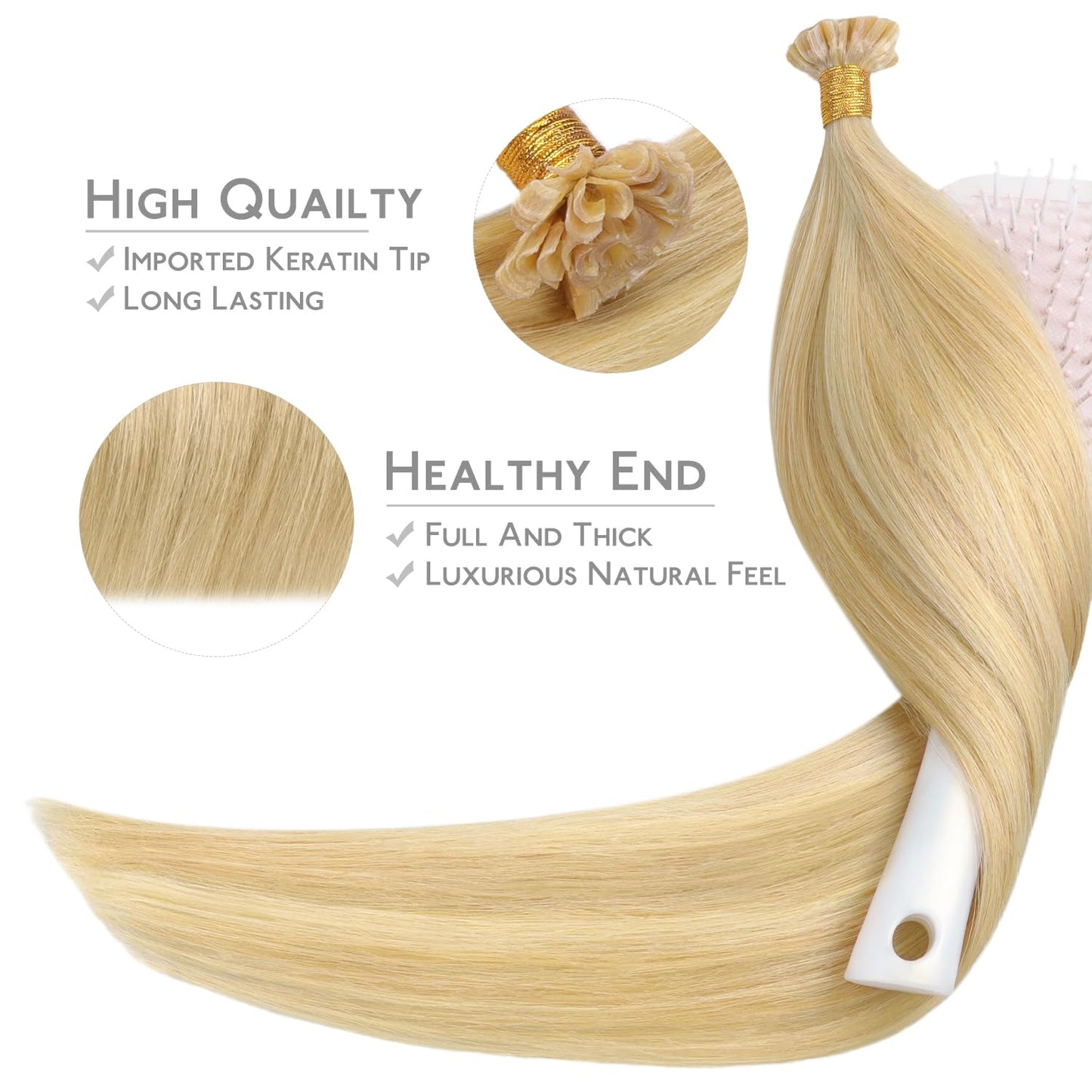 WENNALIFE U Tip Hair Extensions Real Human Hair, 50g 50s 18 Inch Light Blonde Highlighted Golden Blonde Remy Hair K Tip Invisible Straight Keratin Bond Hot Fusion Hair
