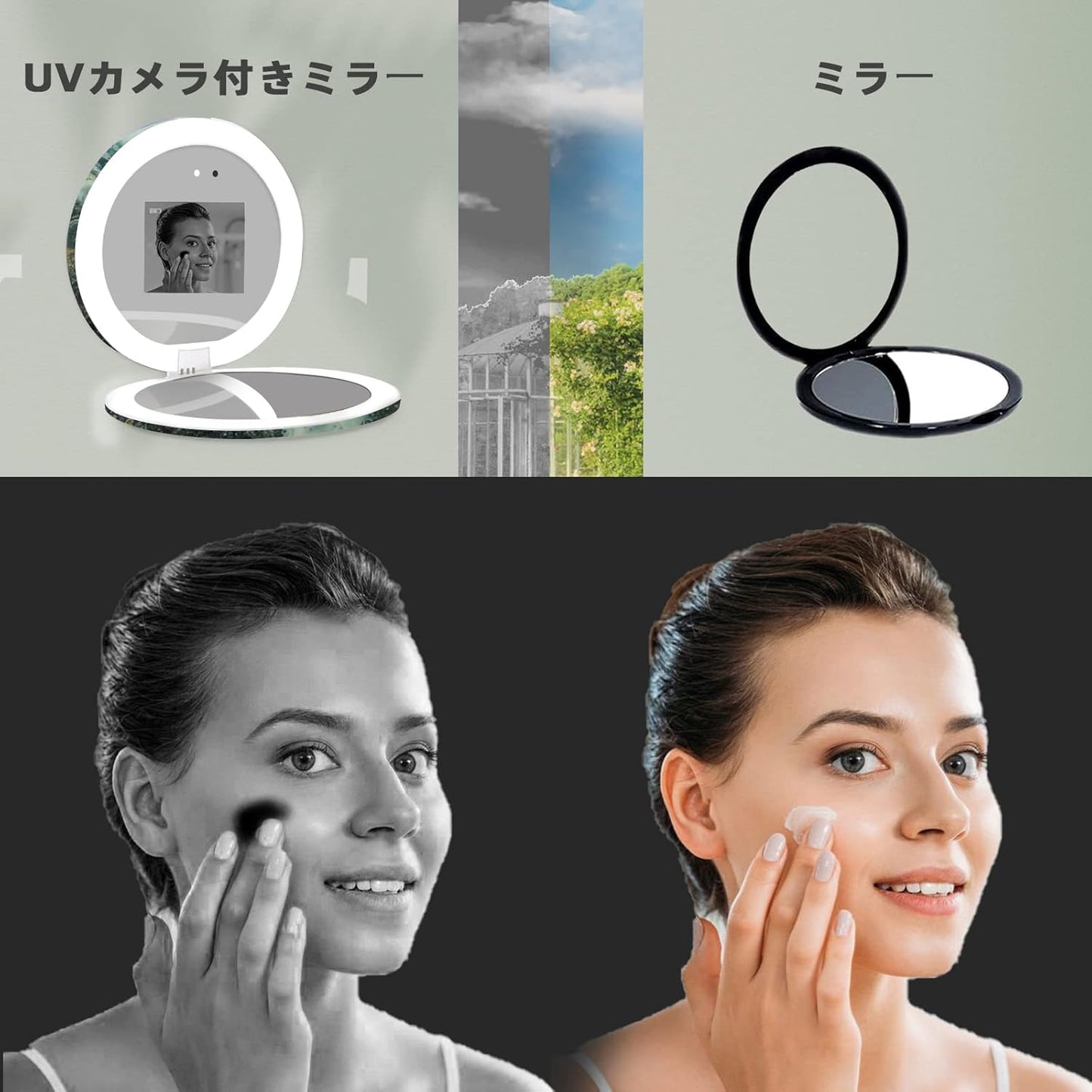 FENCHILIN UV Camera Mirror - Sunscreen Testing Compact Mirror with 2X Magnification & LED Light | Adjustable Brightness (Green)