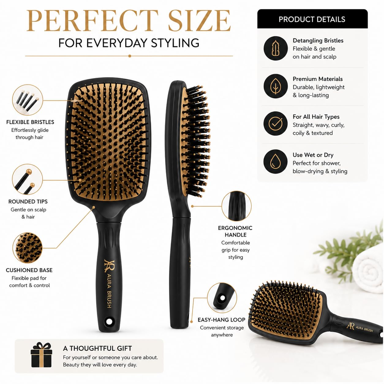 Aura Brush Professional Detangling Hair Brush for Wet & Dry Hair – Pain-Free Detangler for Thick, Curly, Straight & Wavy Hair – Ergonomic Paddle Brush