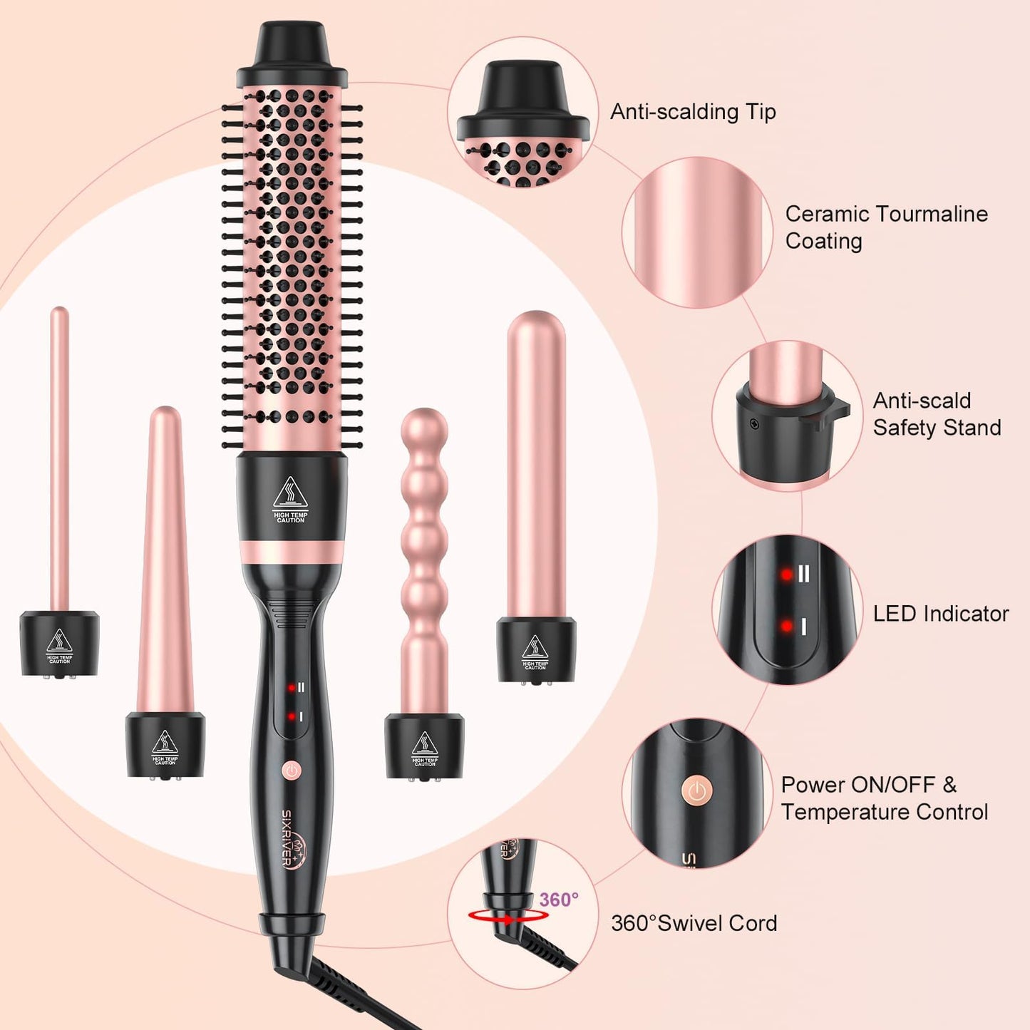 5 in 1 Curling Wand Set - Thermal Brush and 4 Ceramic Hair Crimper