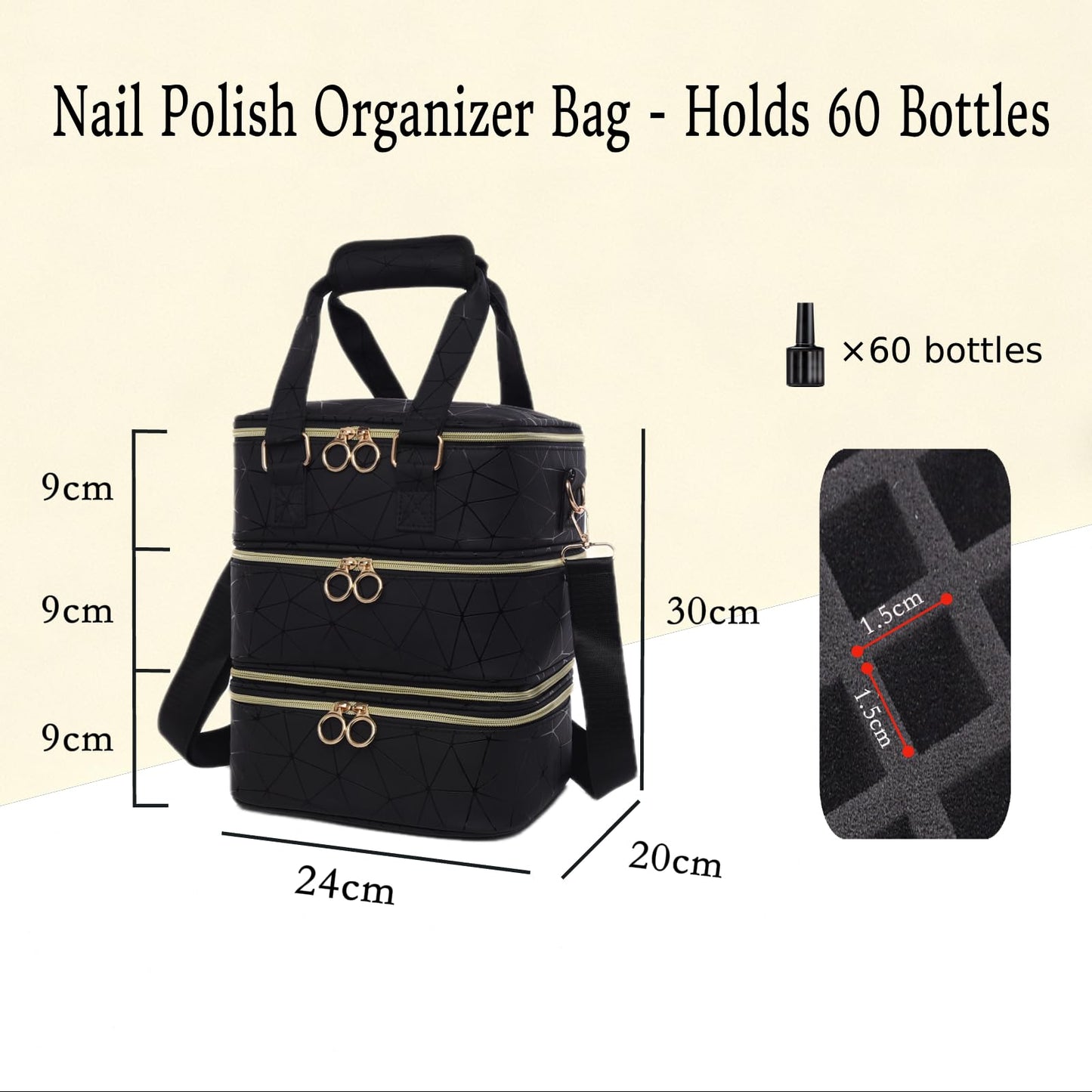 Wifeassistant 3 Layers Nail Polish Organizer Bag - Holds 60 Bottles,Portable Travel Case with Shoulder Strap,Nail Tech Kit Storage,Versatile Cosmetics Case,Detachable,Waterproof,Gifts for Women