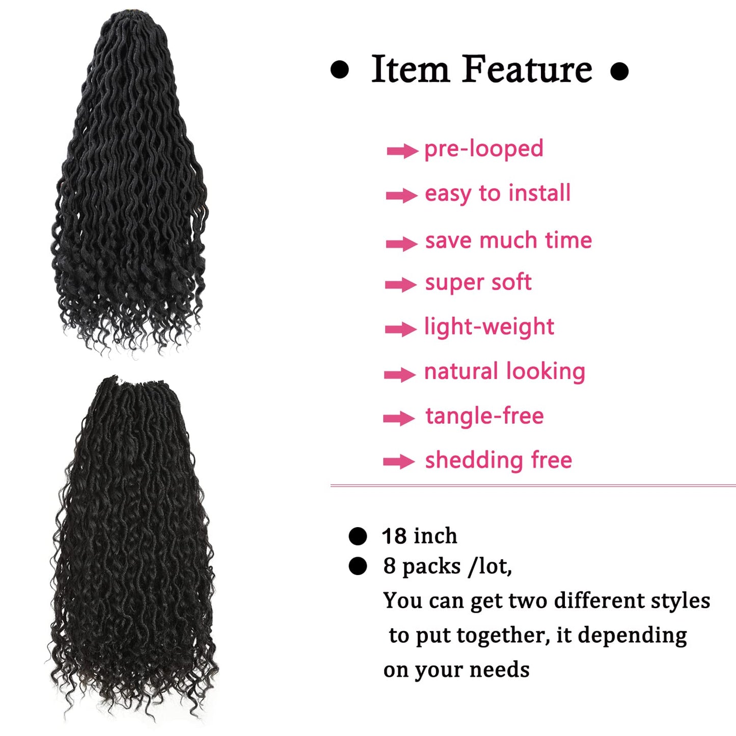 8 Packs New Goddess Locs Crochet Hair 18 Inch River Locs Braids Hair Boho Faux Locs Wavy Crochet Hair with Curly End Boho Style Synthetic Braid Hair for Black Women (#1B 18inch)