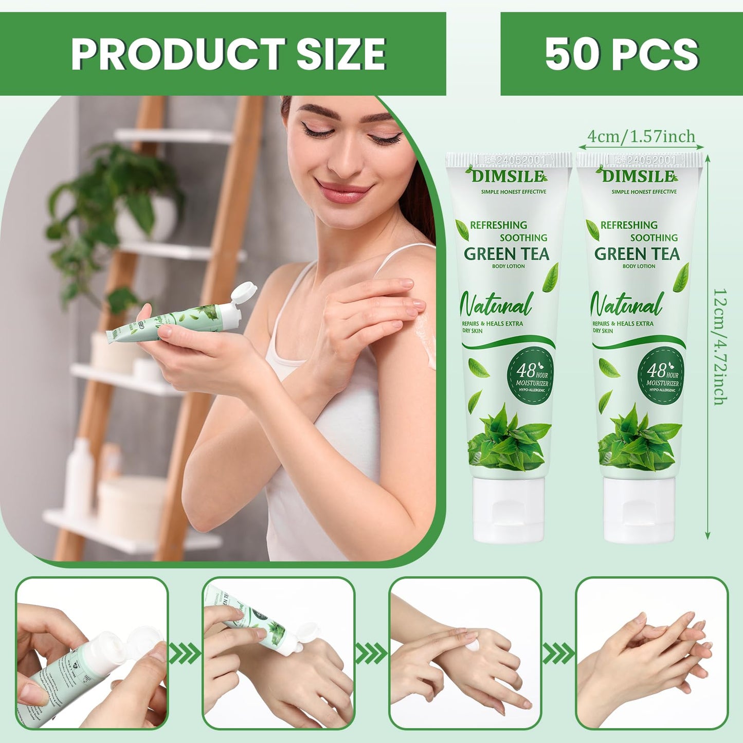 Dimsile 50 Pack Green Tea Travel Size Body Lotion 1 Oz Dry Skin Moisturizer with Flip Cap for Extra Dry Skin, for Inns and Hotels, Airlines, Offices, Gyms and More