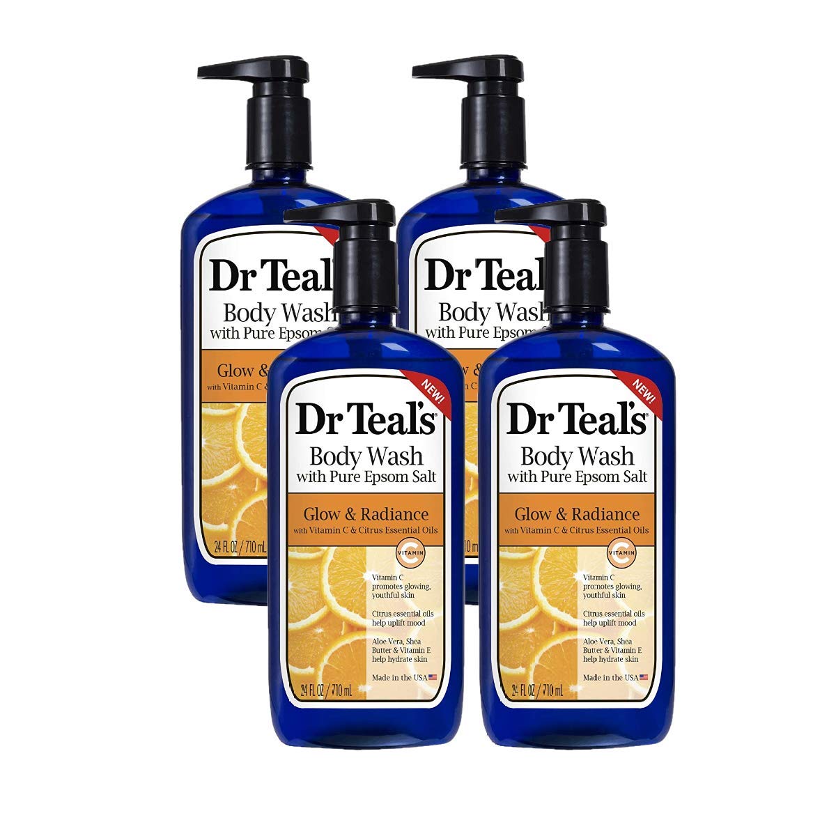 Dr Teal's Body Wash - Glow & Radiance with Vitamin C & Citrus Oils | 24oz, Pack of 4