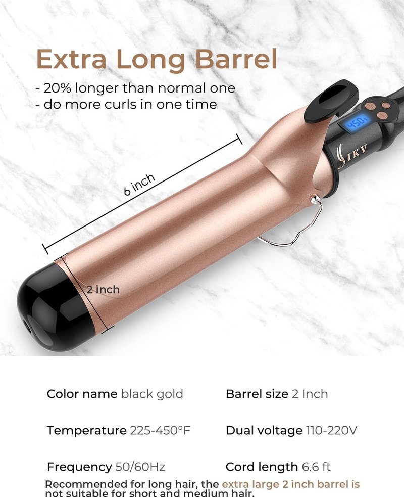 Extra Long Barrel Curling Iron - 2 Inch Ceramic Tourmaline Wand with LCD Display | 10 Heat Settings, Dual Voltage