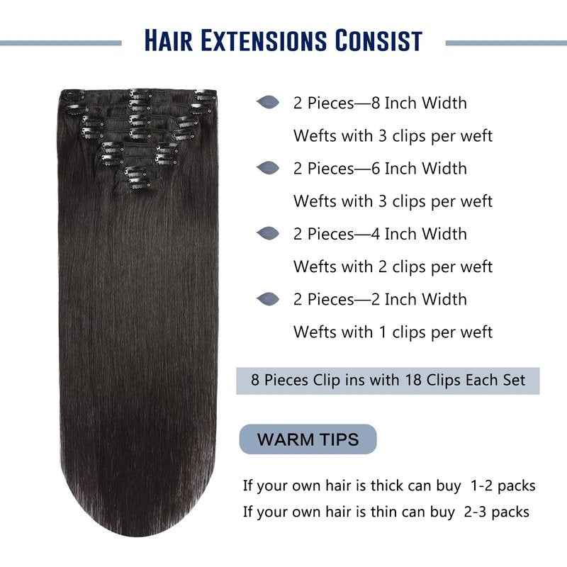 Sunya Real Human Hair Clip-in Extensions - Natural Black, Double Weft, Straight, 12 Inch #1B, 8pcs/100g