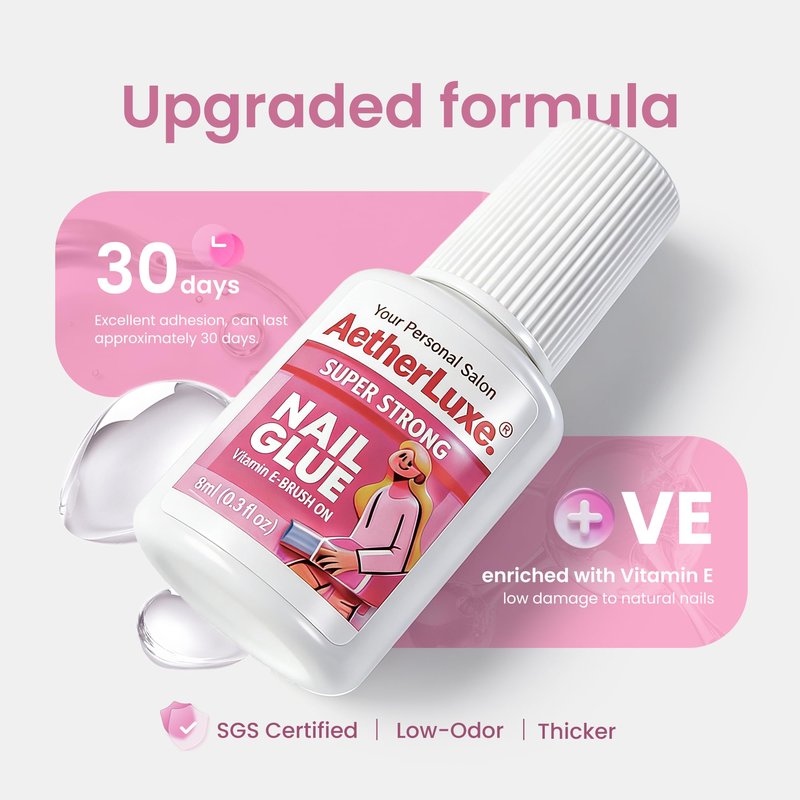 Super Strong Nail Glue for Press On Nails,Upgraded Formula with SGS Certification,Vegan,5S Instant Dry,Up to 30 Days Hold,False Nail Glue,Brush Applicator,8ml,1 pcs