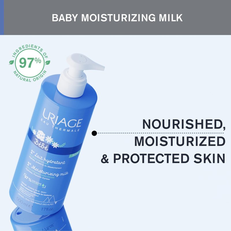 Uriage Baby Daily Moisturizing lotion with Organic Edelweiss + Shea Butter, Nourishes, Moisturizes & Soothes Skin, Non-greasy, Delicately Scented, 97% Igredients of Natural Origin
