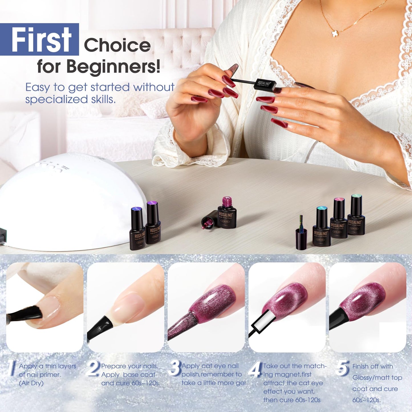 ROSALIND 30pcs Cat Eye Gel Nail Polish Set - 26 Colors Red Purple Brown Green Burgundy Magnetic Gel Nail Polish with Base Gel Glossy Matte Top Coat Magnet and Nail Primer