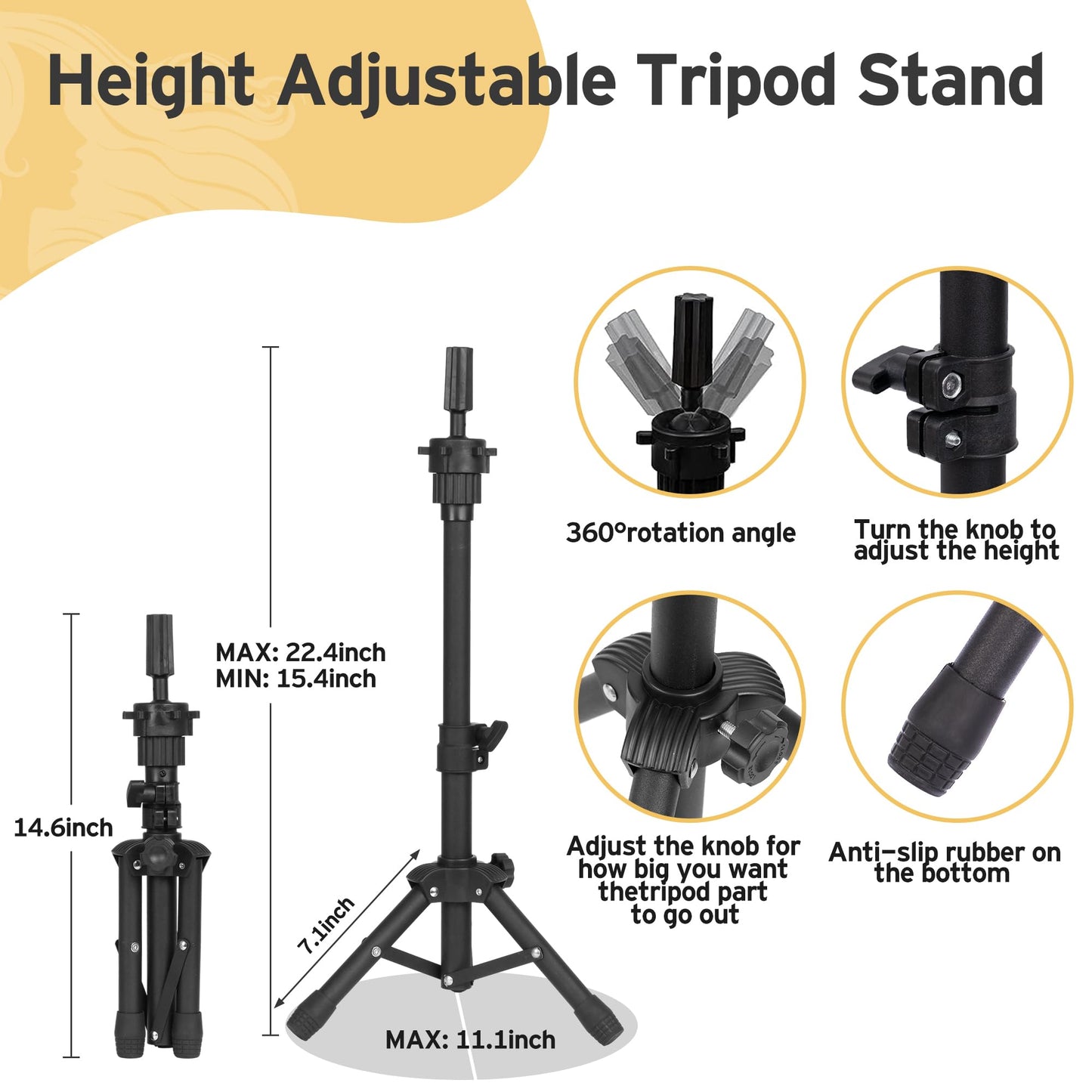 Klvied Desktop Wig Stand Set with 22 Inch Cork Canvas Head, Adjustable 15.4-22.4 Inch Stand, Table Clamp Wig Holder for Wig Display, Trimming and Styling Practice