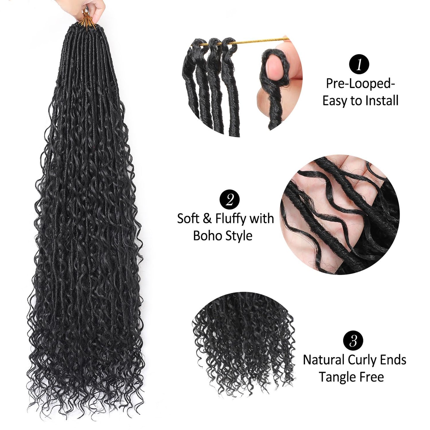 9 packs Boho Faux Locs Crochet Hair, 30 Inch, Natural Black Pre Looped Goddess Soft Locs Crochet Hair with Curly Ends, Bohemian River Locs for Black Women(1B#, 30 Inch)
