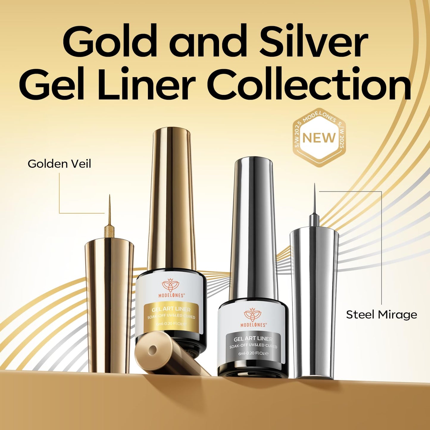 modelones Metallic Gold Silver Gel Liner Nail Polish 2 Pcs Chrome Mirror 3D Effect Nail Art Polish Bronze Thin Brush For Swirl Soak Off French Tip DIY Salon Nail Glue Manicure Gift For Women Girls