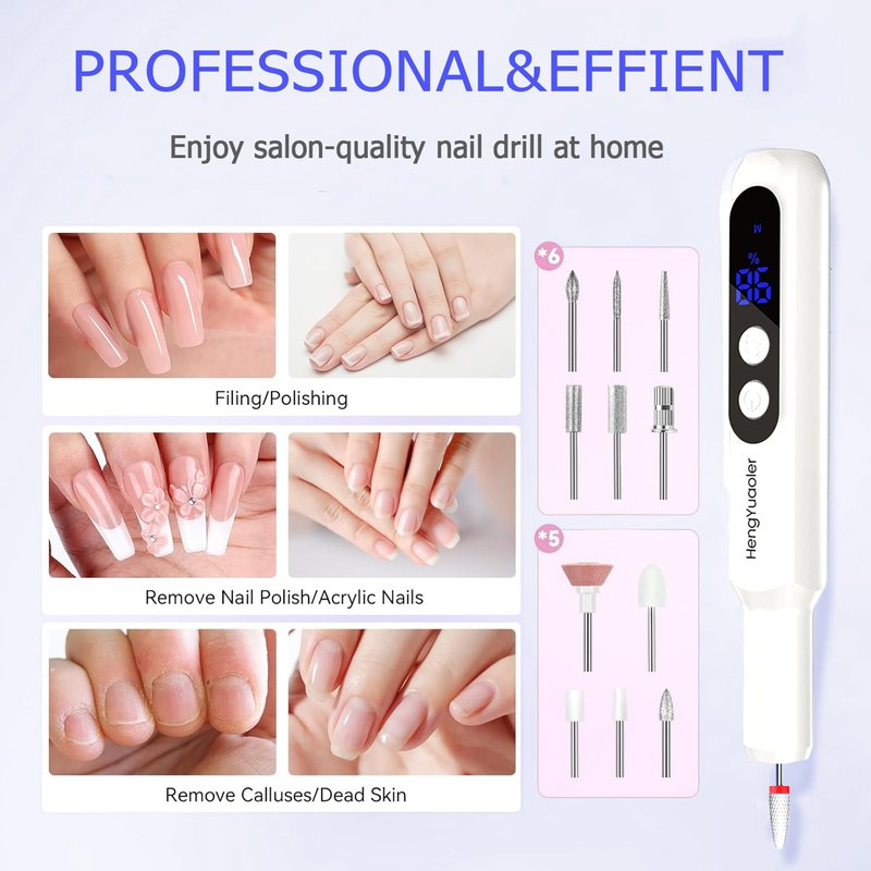 HengYuaoler Electric Nail Drill Professional Manicure Pedicure Kit Acrylic Nail Drill Machine for Gel Cordless Nail File Machine Toe Nail Tools 3 Speeds Thick Toenail Grinder(White