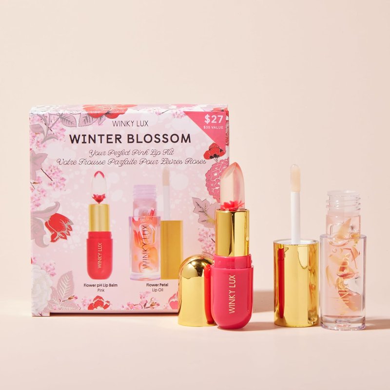 Winky Lux Pink Lip Kit – Ultra Nourishing Flower Petal Lip Balm & Hydrating Lip Oil | Winter Blossom Collection