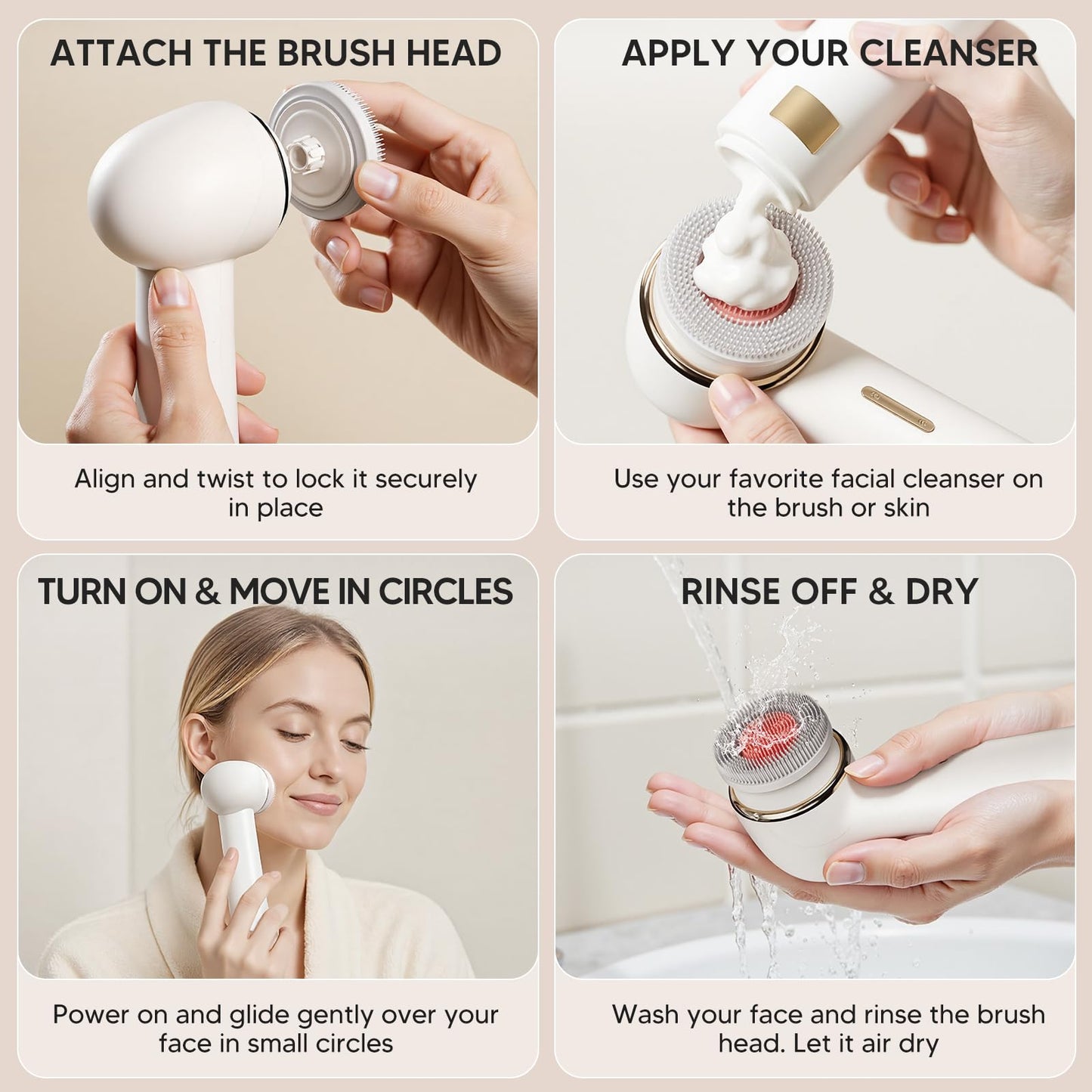 Electric Facial Cleansing Brush, Rechargeable Waterproof Dual Rotating Face Scrubber with 3 Interchangeable Heads, Soft Silicone Face Brush, White