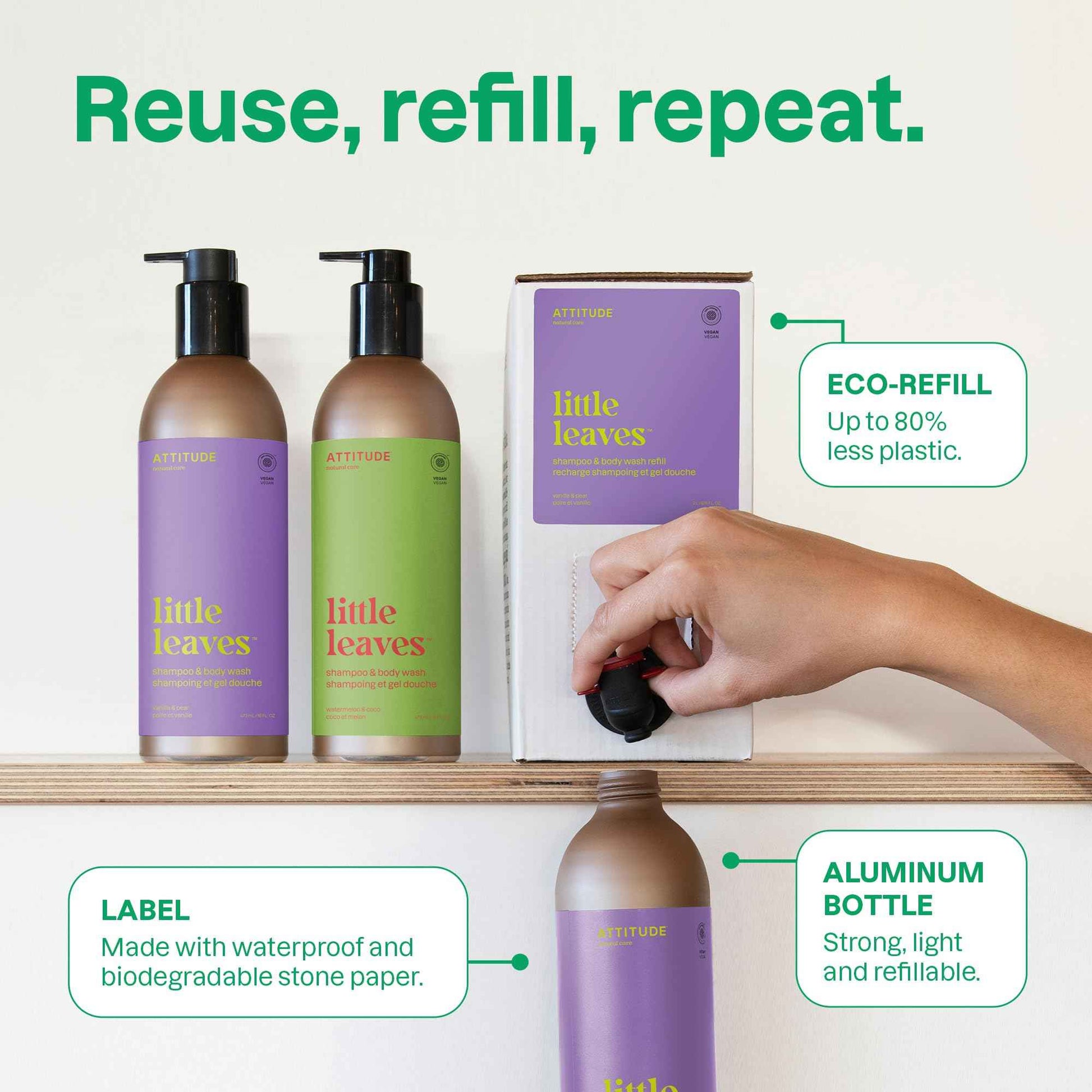 ATTITUDE Shampoo and Body Wash for Kids, EWG Verified Hair and Body Cleanser, Dermatologically Tested Soap, Plant and Mineral Based Bath Products, Vegan, Refillable Bottle, Vanilla and Pear, 16 Fl Oz