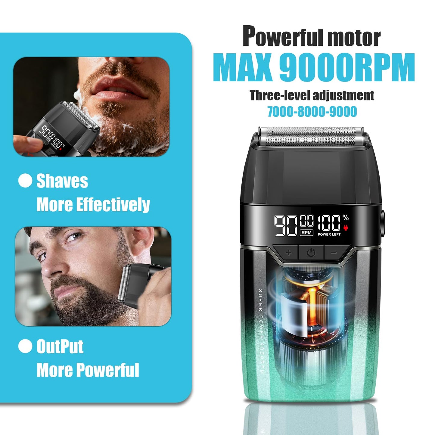 VGR 308 Electric Shavers for Men, Professional Double Foil Shaver 9000RPM Cordless Head Shaver with Titanium Foils, LED Display, USB Rechargeable Men's Electric Razor for Face & Beard, Green