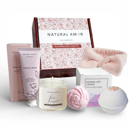 Natural Amor Relaxation Spa Gift Set for Women, 5 Piece Bath & Body Box with Candle, Hand Cream, Bath Bombs & Headband, Self Care Gift for Her