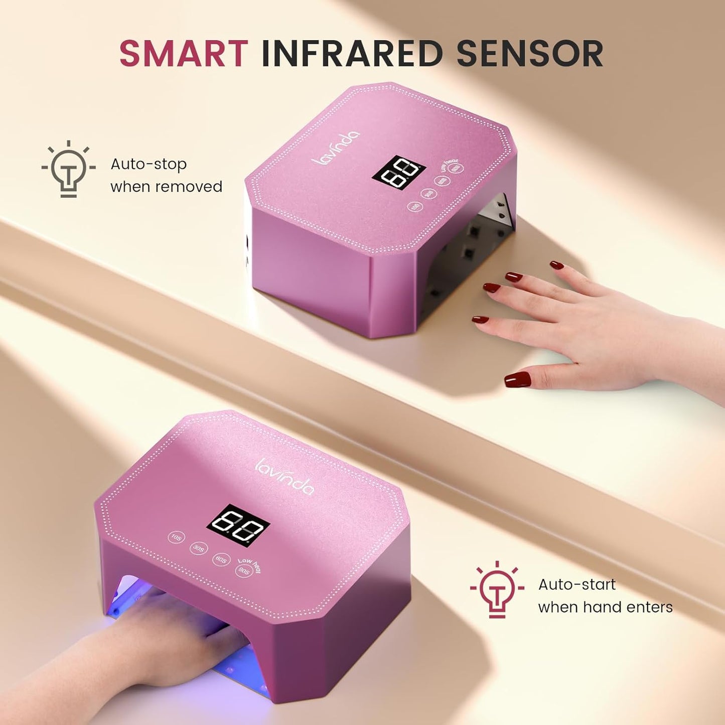 Lavinda 54W UV LED Nail Lamp - Professional Gel Nail Dryer with LCD Display & Auto Sensor | Pink