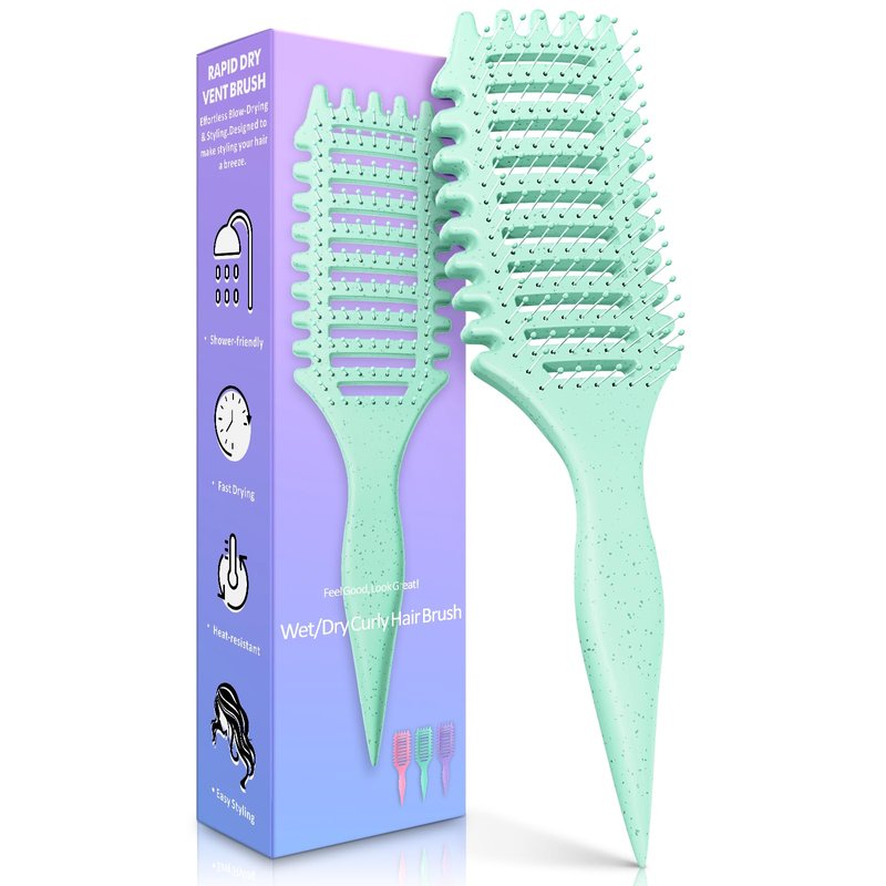 Curly Hair Brush for Women & Men, 4-in-1 Curl Defining & Detangling Brush – Anti-Frizz Anti-Static Styling Brushes with Crescent Shape & Ultra-Smooth Bristles, Wet Dry Hairbrush (Green)
