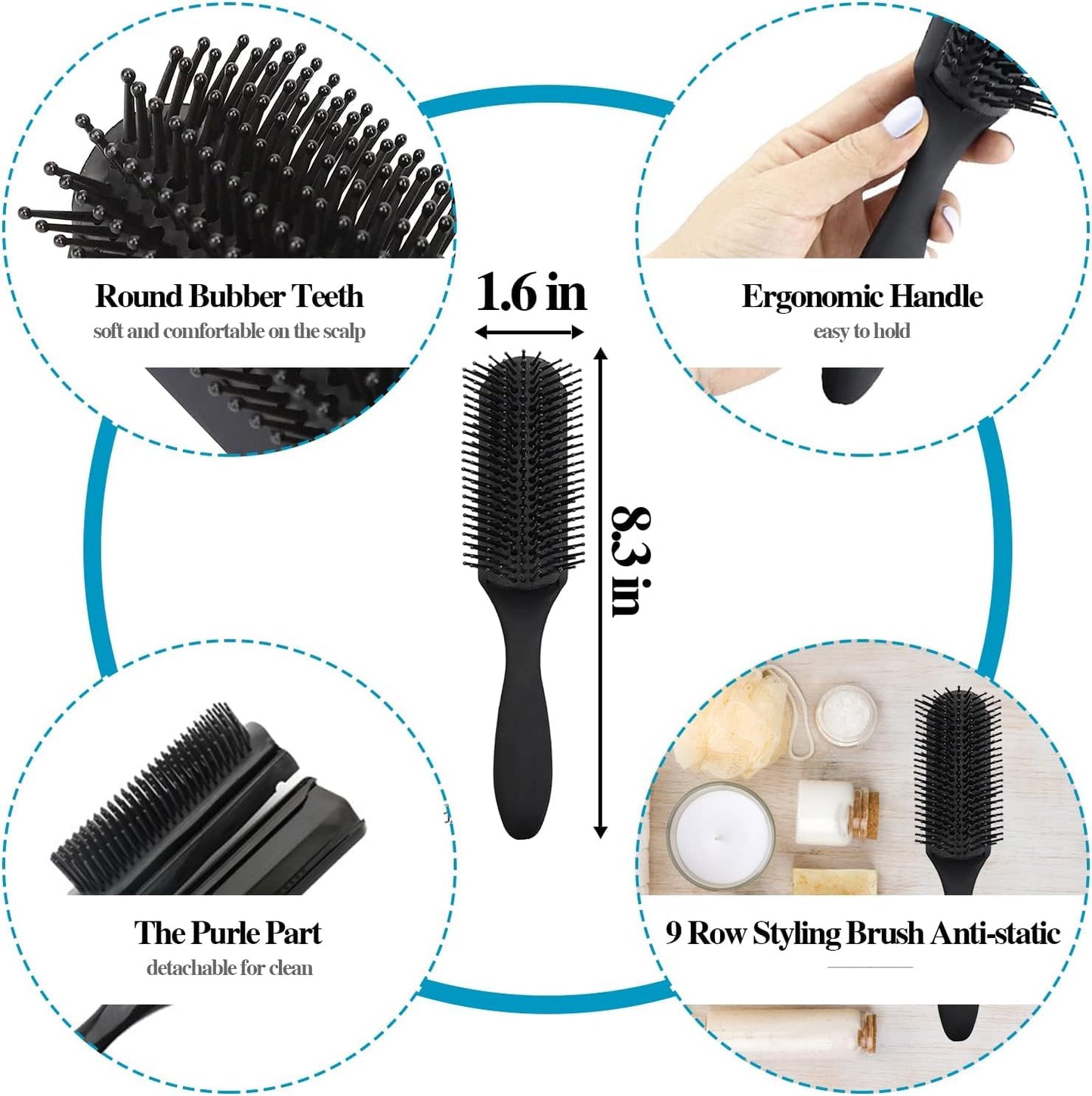 Curly Hair Brush Set - 8Pcs Round & Paddle Brushes for Women | Detangling Wet Long Thick Hair & Spray Bottle (Golden)