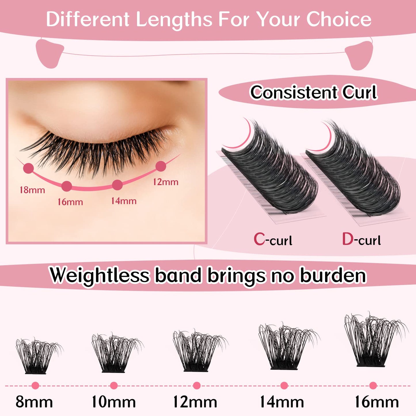PRO Self Adhesive Eyelashes Kit Press On Lashes 120pcs Lash Clusters Lash Fixative Lash Remover Lash Applicator Eyelash Extension Kit Easy To Apply At Home Lash Extension Kit (Begonia,D-10-18mix Kit)